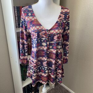 LUCKY BRAND Navy Geometric Aztec Print V-Neck 3/4 Sleeve Button Down Top Size M
